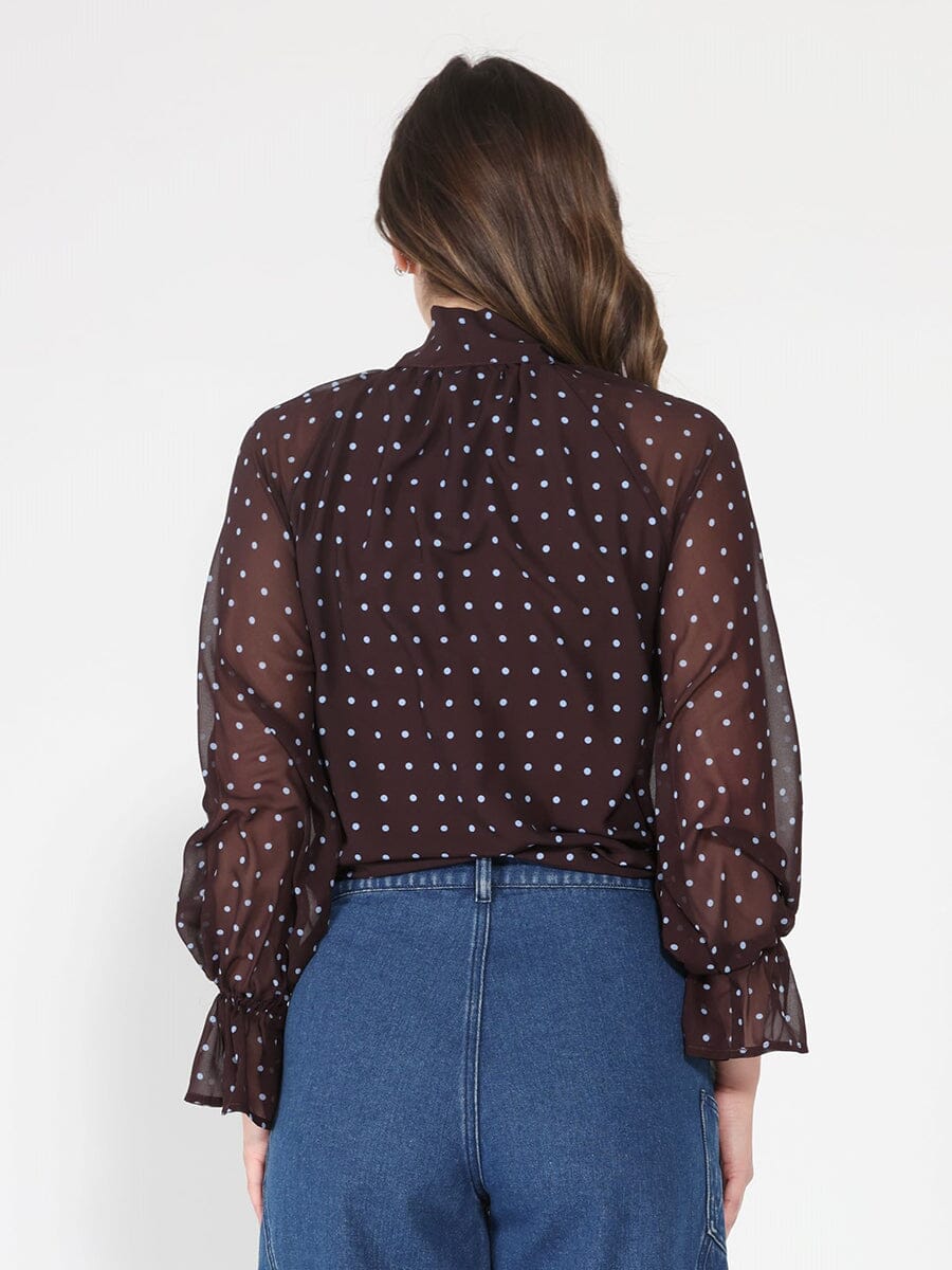 Front Tie Long Sleeve Dot Print Top