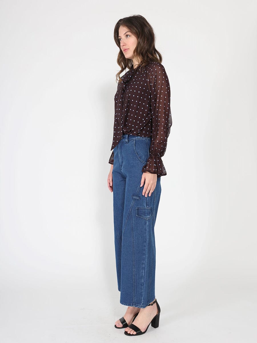 Front Tie Long Sleeve Dot Print Top