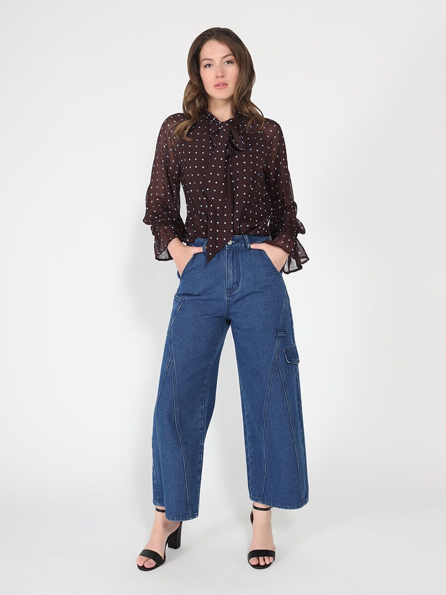 Front Tie Long Sleeve Dot Print Top