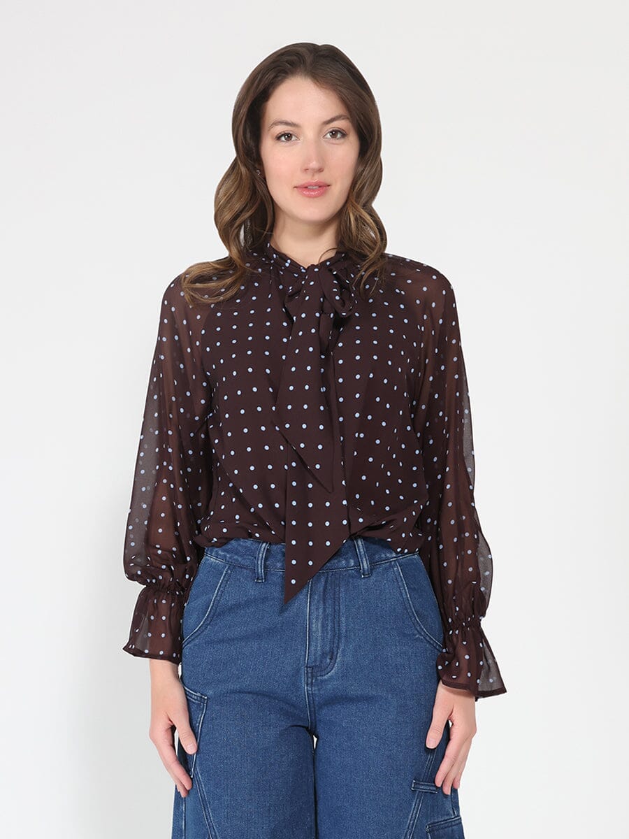 Front Tie Long Sleeve Dot Print Top