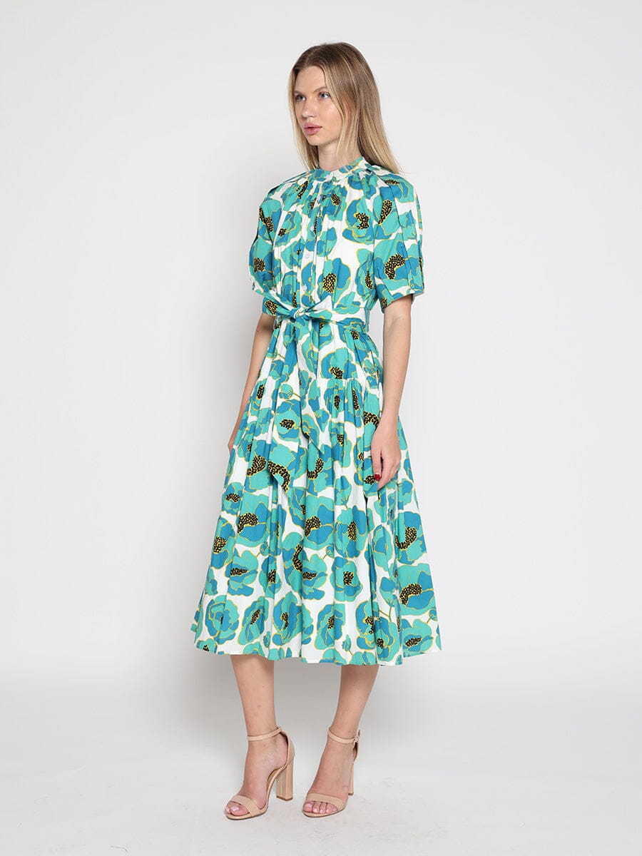 Gracia Fashion Women's Gathered neck floral print belt dress