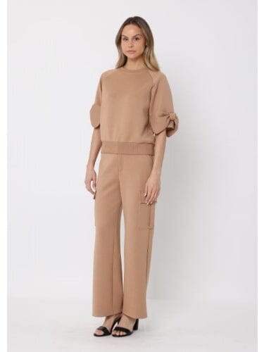 Gracia Fashion Women's Bow detail sleeve round neck solid top