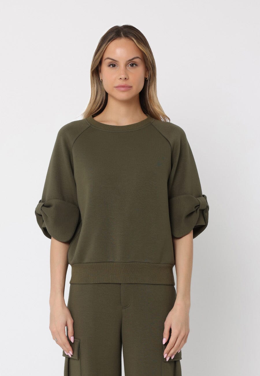 Gracia Fashion Women's Bow detail sleeve round neck solid top