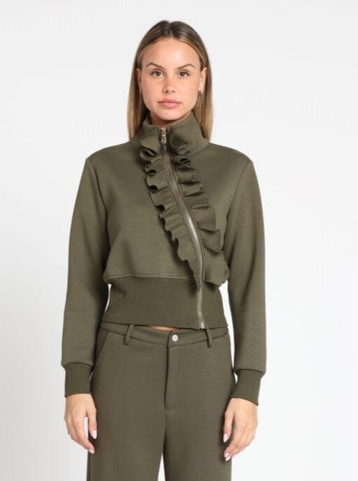 Gracia Fashion Women's Highneck Scuba Assymetrical Ruffled Zip Jacket