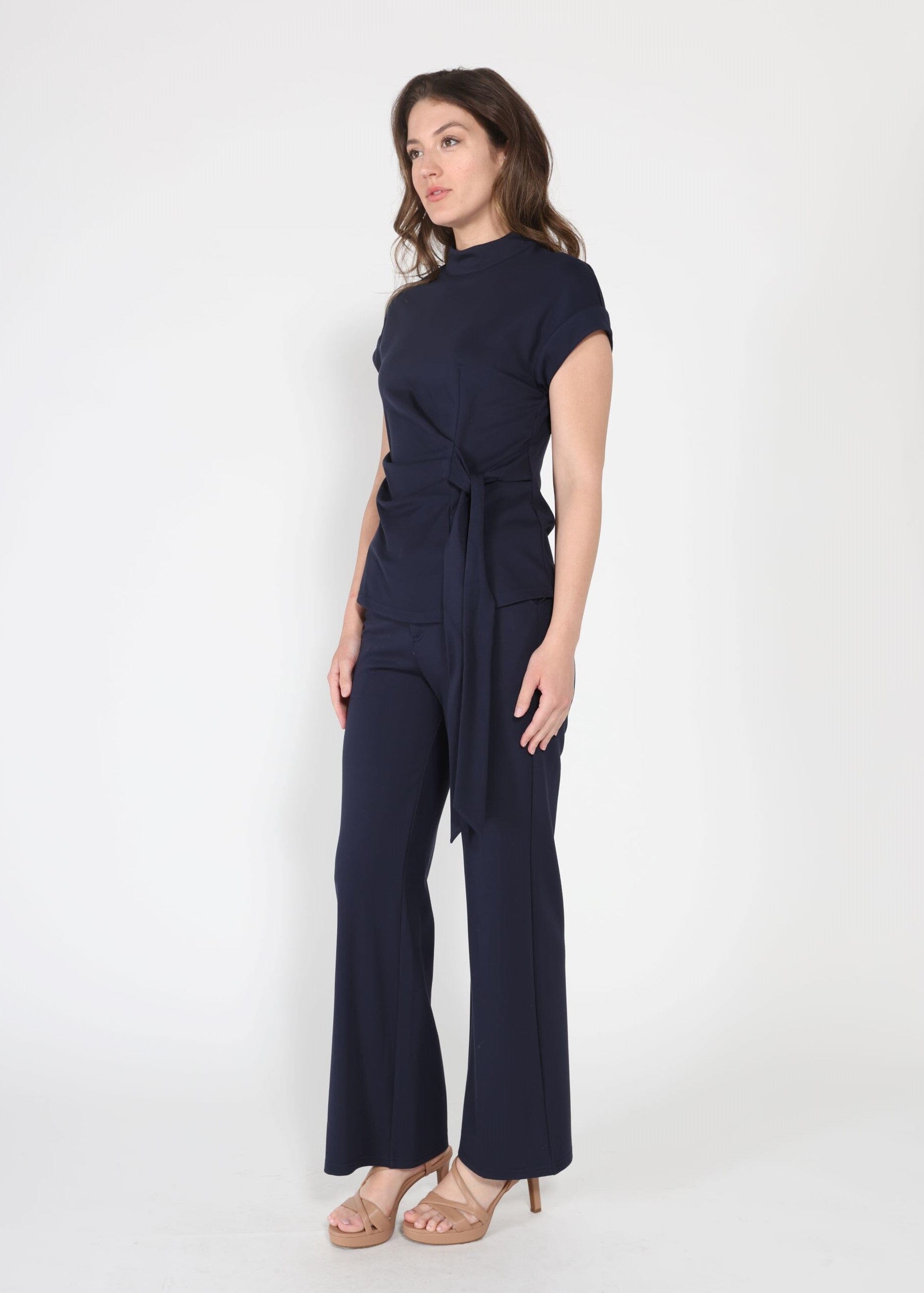 High neck tie detail short sleeve solid top
