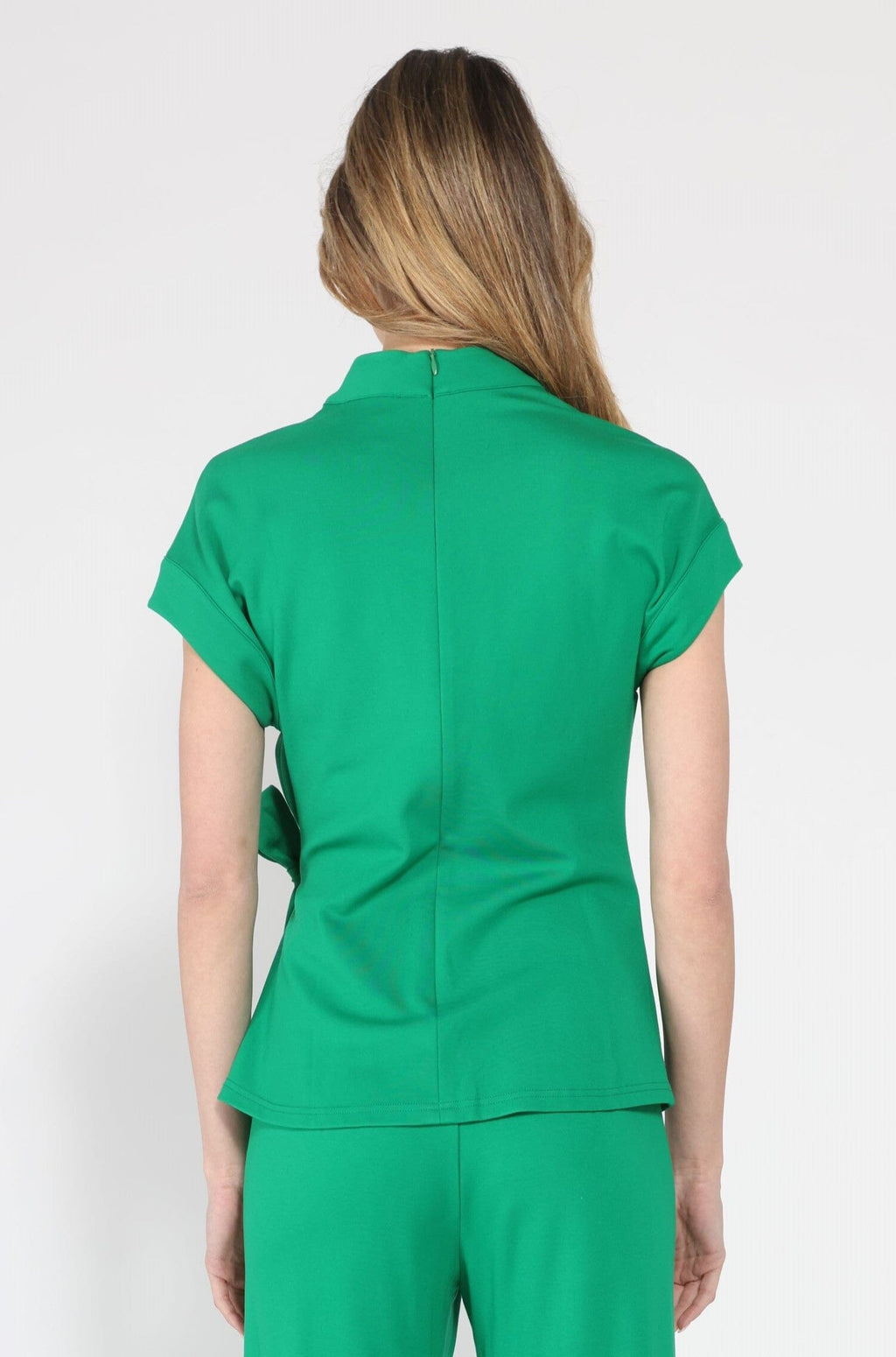 High neck tie detail short sleeve solid top
