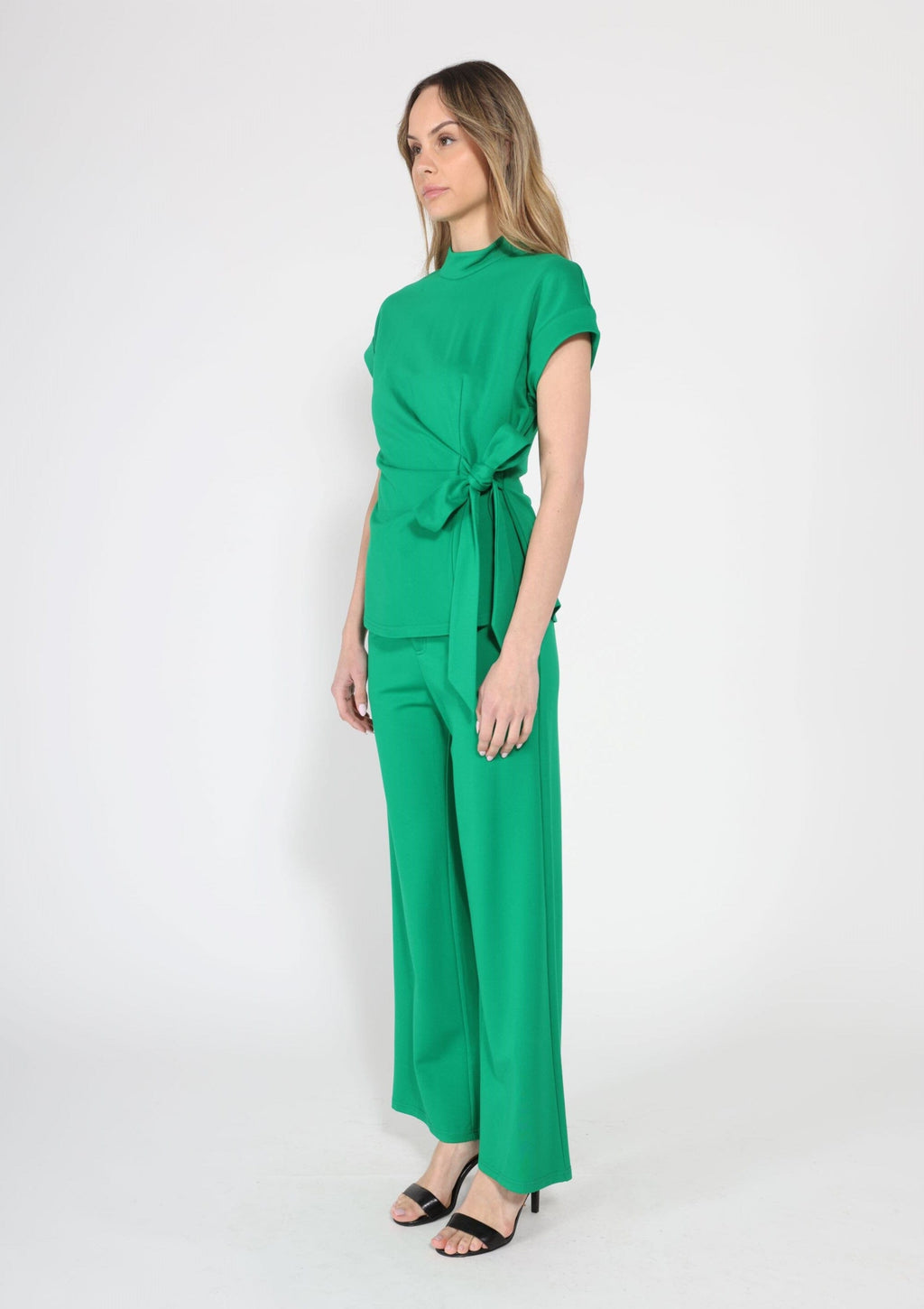 High neck tie detail short sleeve solid top