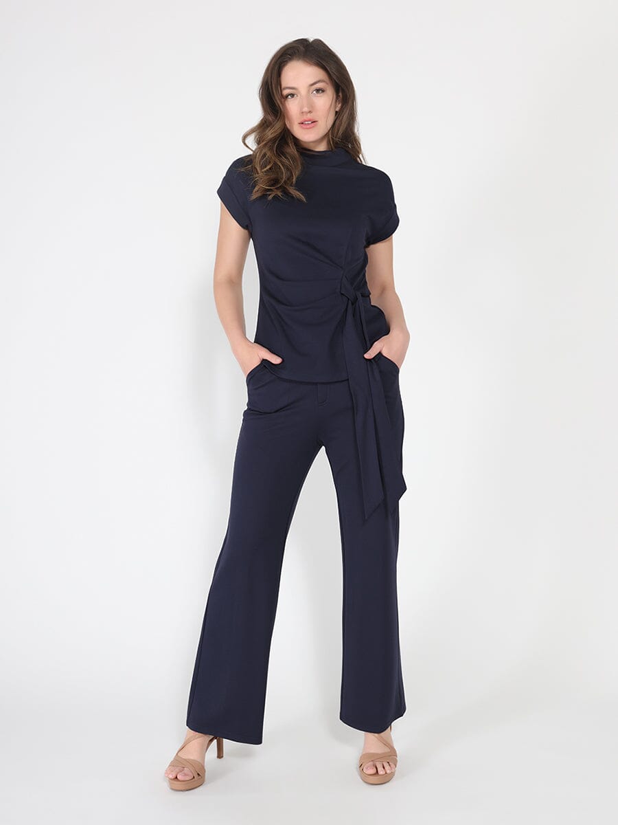 High neck tie detail short sleeve solid top