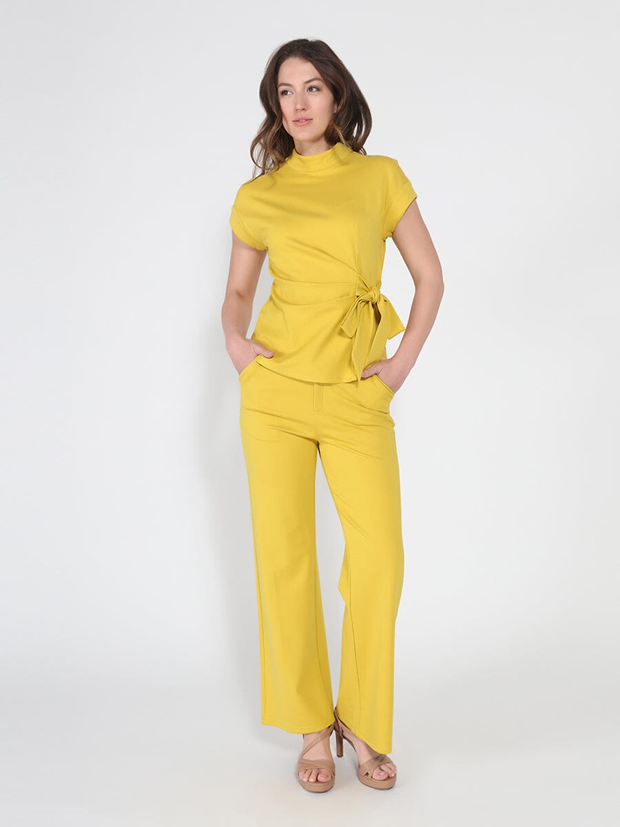 High neck tie detail short sleeve solid top