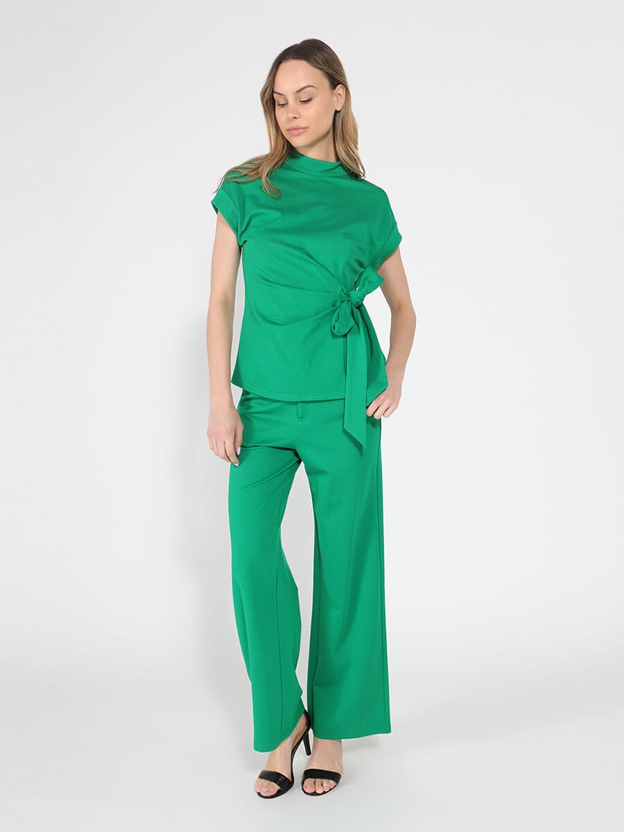 High neck tie detail short sleeve solid top