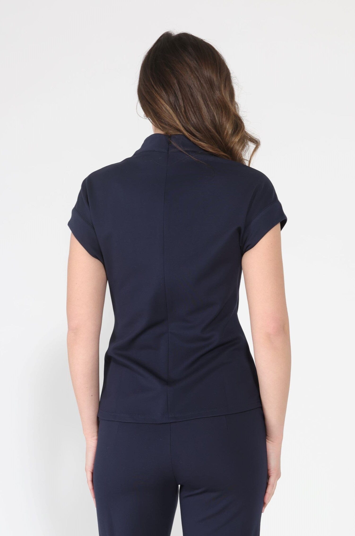 High neck tie detail short sleeve solid top