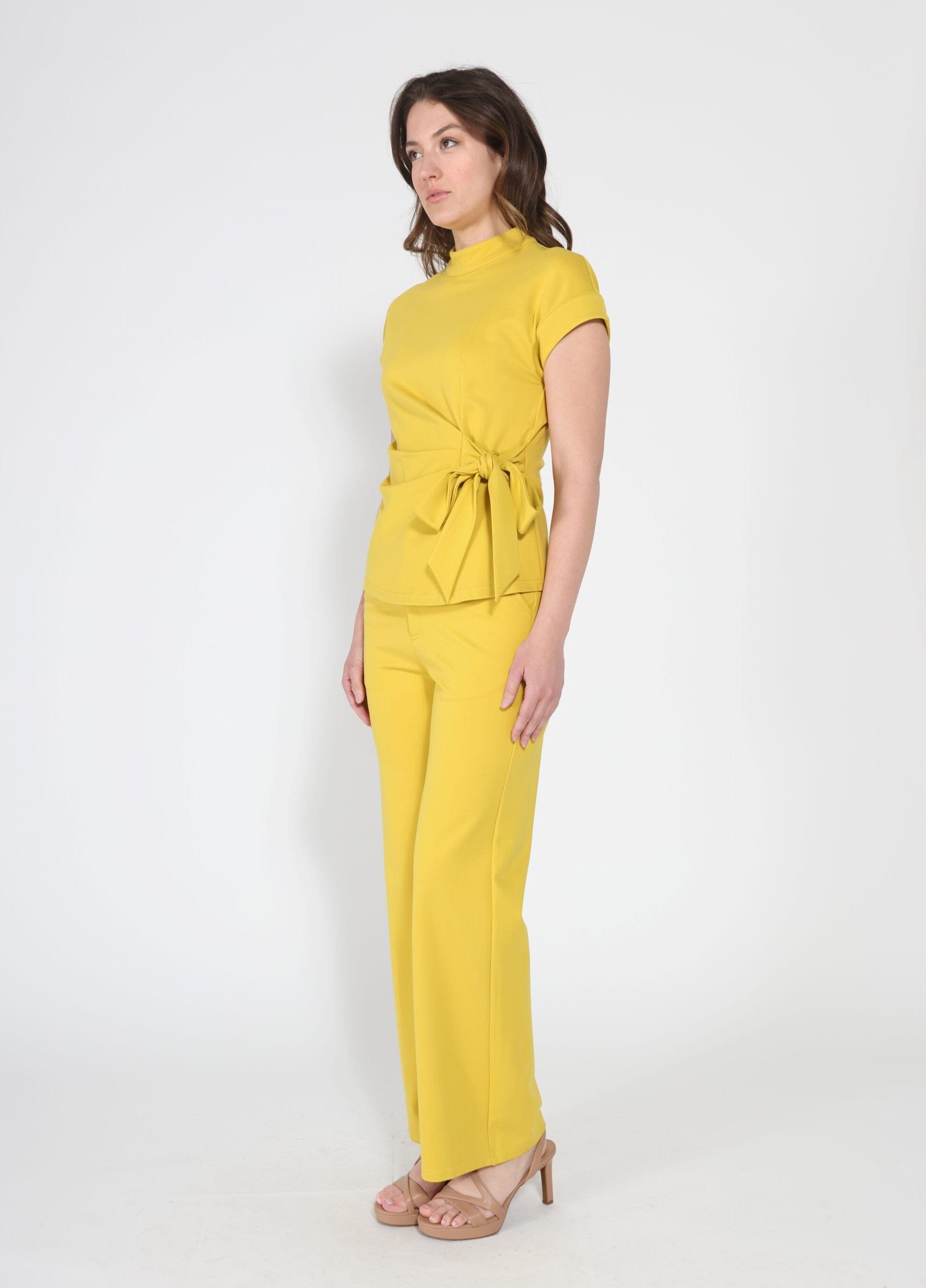 High neck tie detail short sleeve solid top