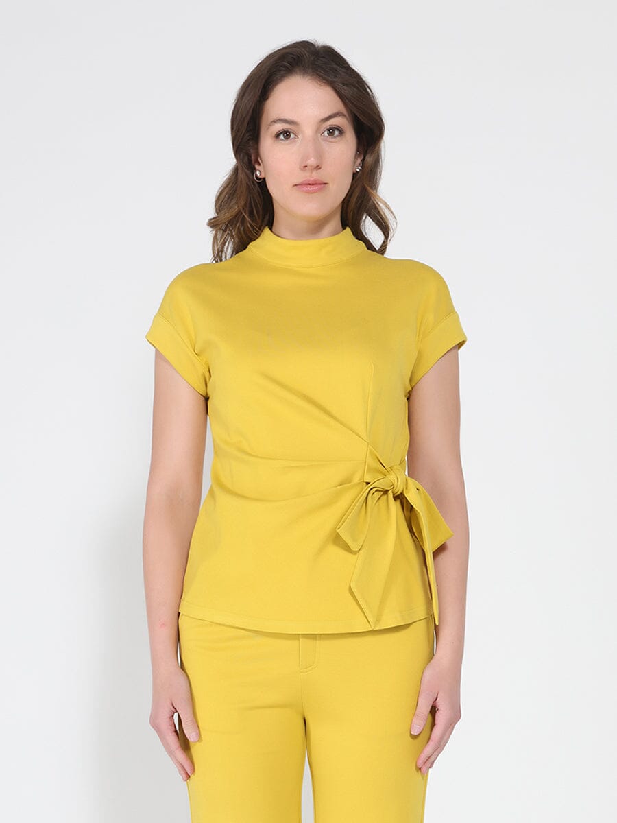High neck tie detail short sleeve solid top