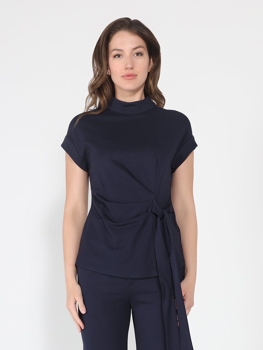 High neck tie detail short sleeve solid top