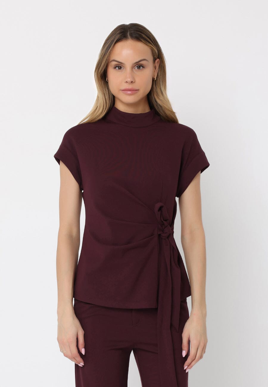 Gracia Fashion Women's High neck tie detail short sleeve solid top