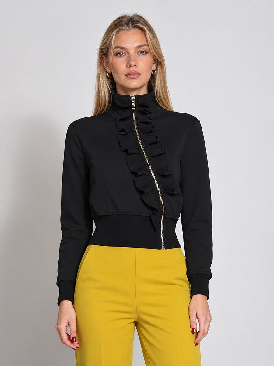 Highneck Scuba Assymetrical Ruffled Zip Jacket