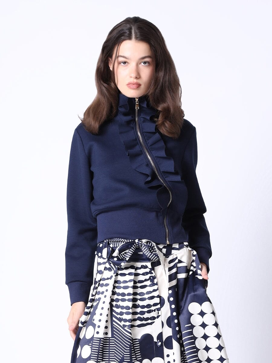 Highneck Scuba Assymetrical Ruffled Zip Jacket