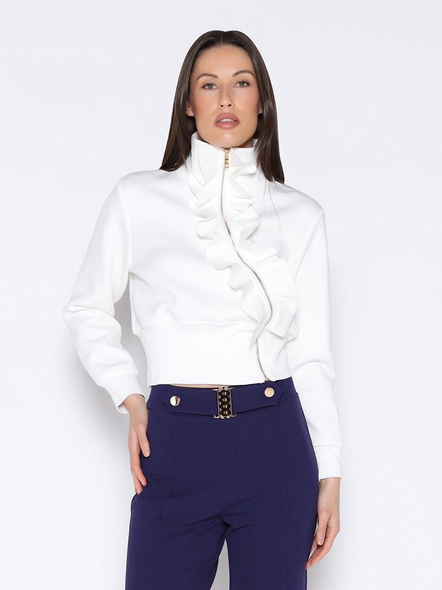 Highneck Scuba Assymetrical Ruffled Zip Jacket