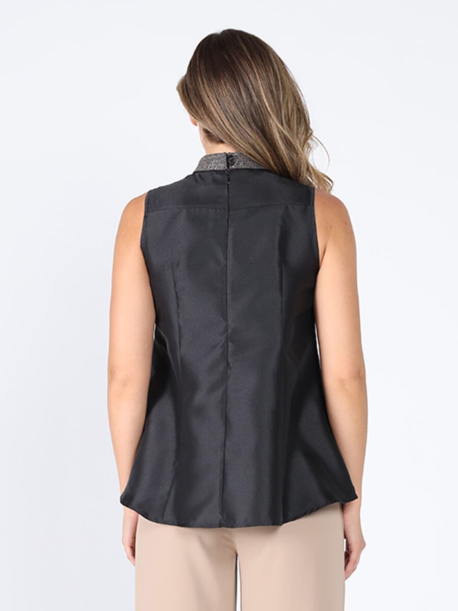 Jeweled High Neck Pleated Sleeveless Top