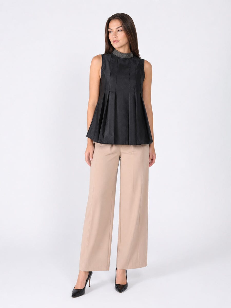 Jeweled High Neck Pleated Sleeveless Top