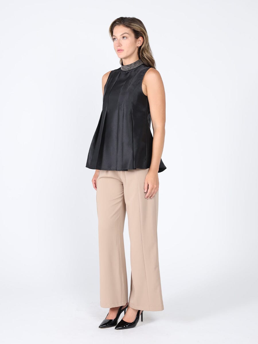 Jeweled High Neck Pleated Sleeveless Top