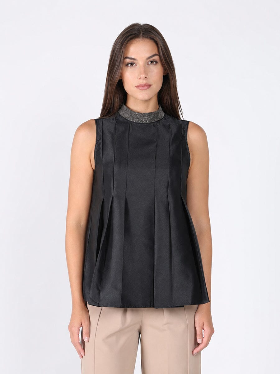 Jeweled High Neck Pleated Sleeveless Top