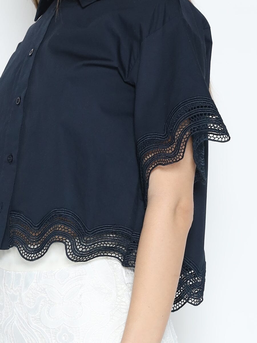 Gracia Fashion Women's Lace Hem Short Sleeve Button-Down Shirt