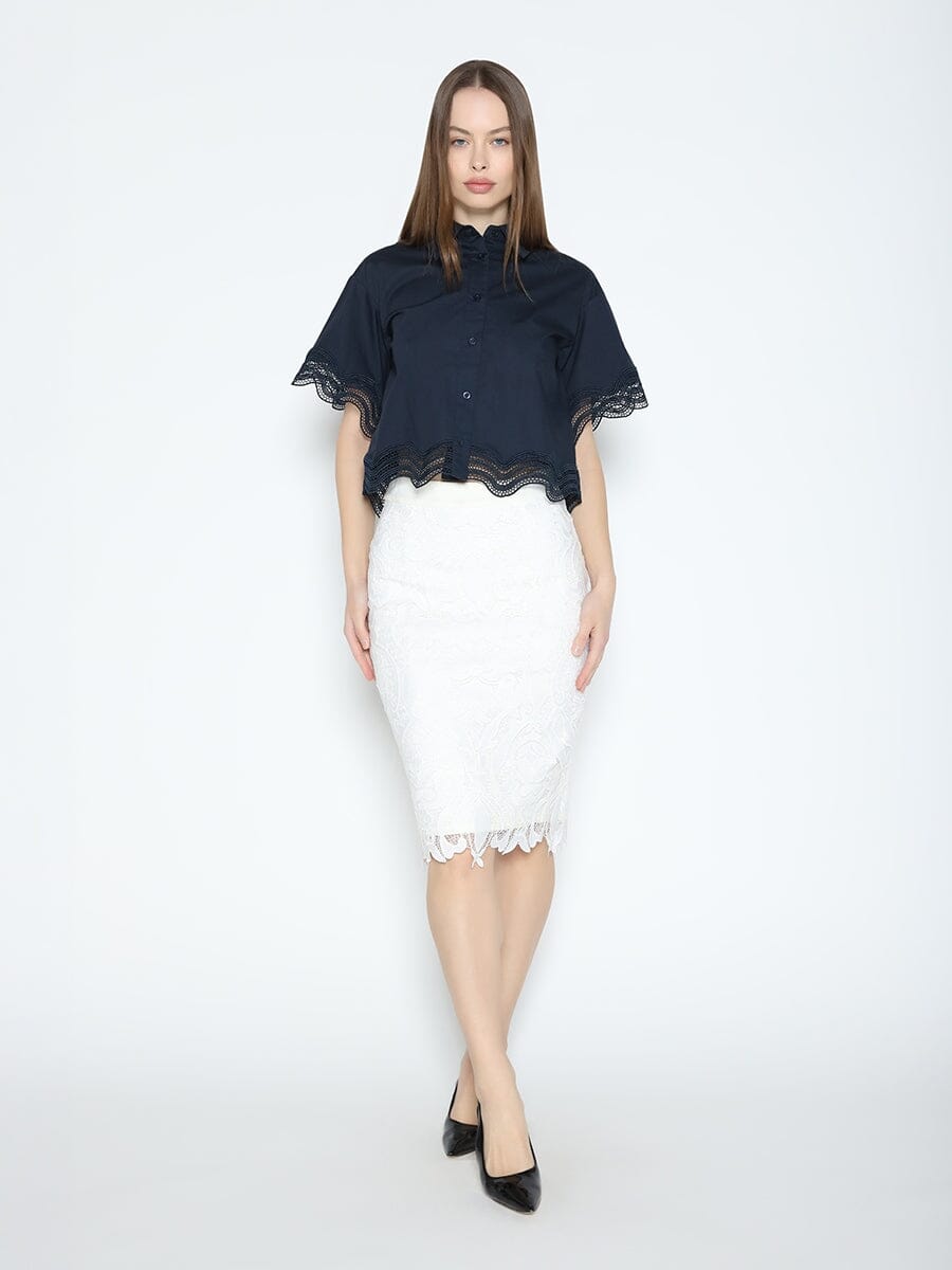 Gracia Fashion Women's Lace Hem Short Sleeve Button-Down Shirt