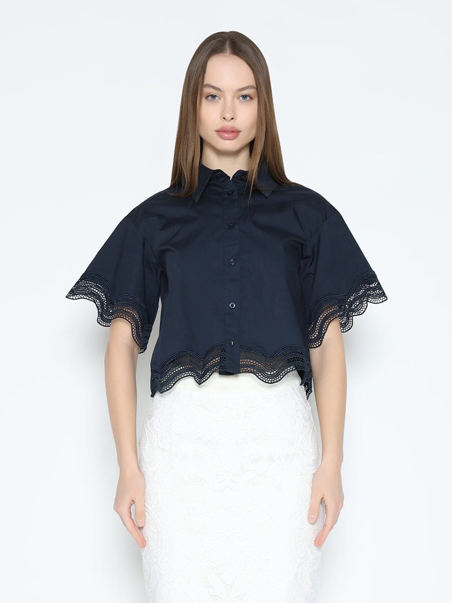 Gracia Fashion Women's Lace Hem Short Sleeve Button-Down Shirt