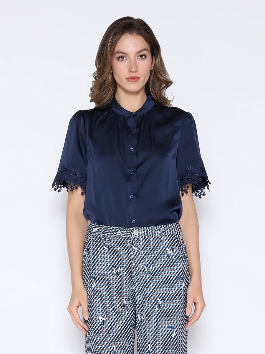 Lace Hem Short Sleeve Satin Round Neck Shirt