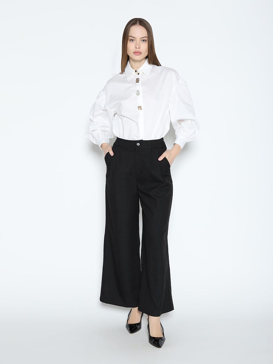Long Puff Sleeve Button Detail Cotton Shirt