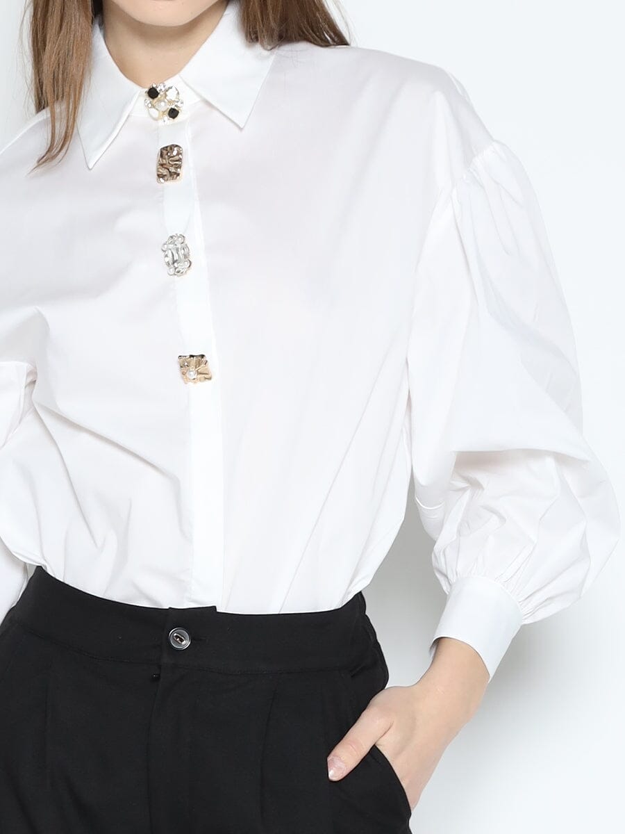 Long Puff Sleeve Button Detail Cotton Shirt