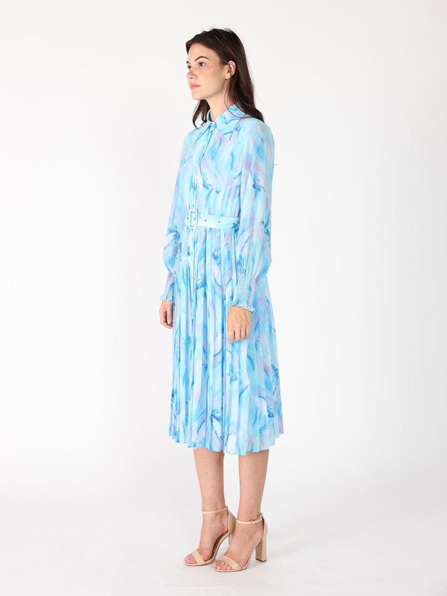 Gracia Fashion Women's Long Sleeve Belted Smocked Cuffs Print Dress