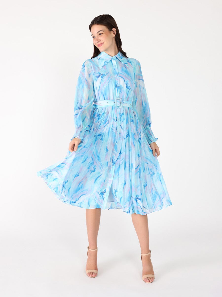 Gracia Fashion Women's Long Sleeve Belted Smocked Cuffs Print Dress