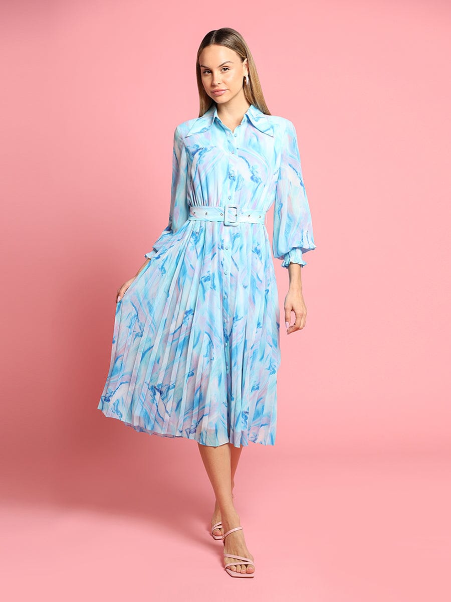Gracia Fashion Women's Long Sleeve Belted Smocked Cuffs Print Dress