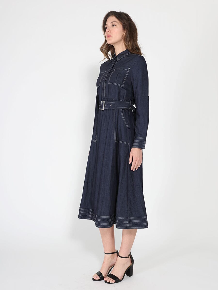 Long sleeve contrast stitch denim dress