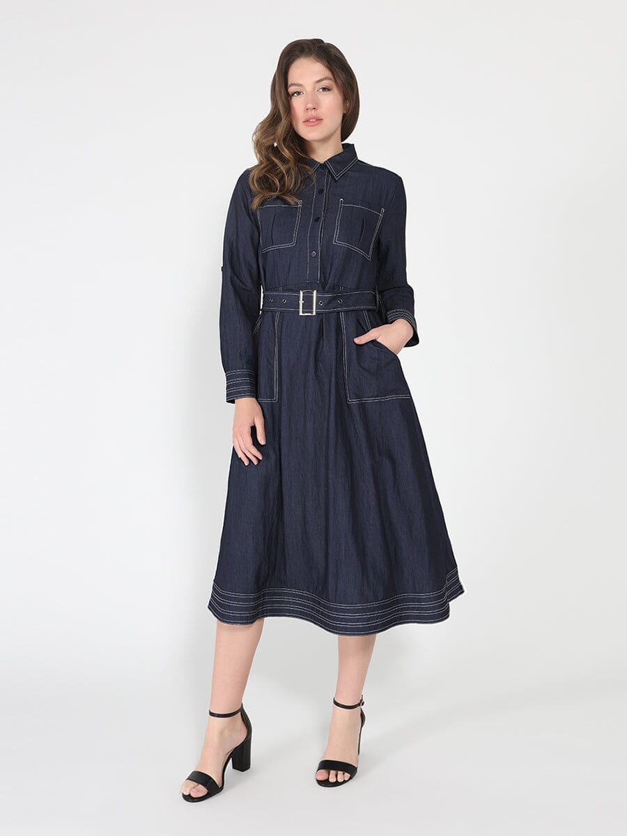 Long sleeve contrast stitch denim dress