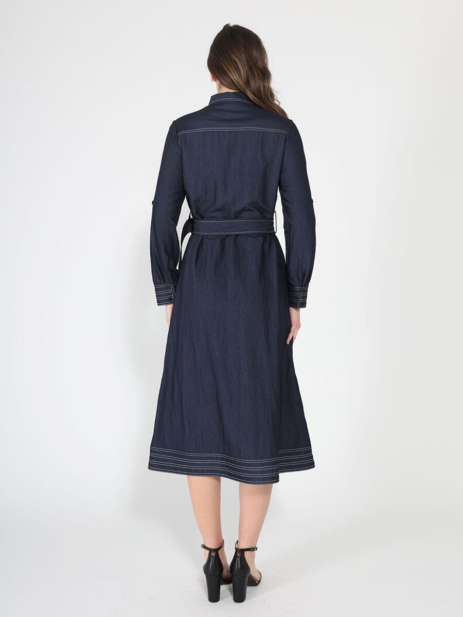 Long sleeve contrast stitch denim dress