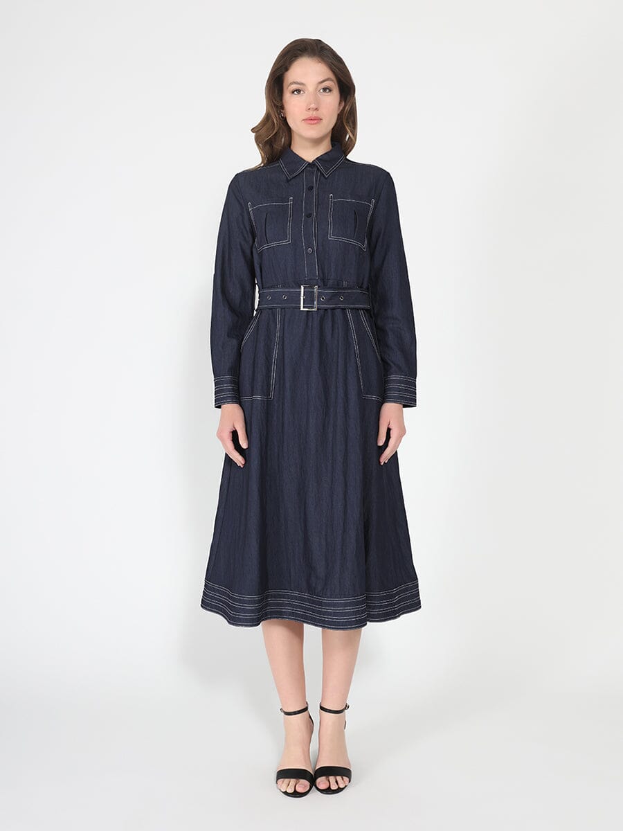 Long sleeve contrast stitch denim dress
