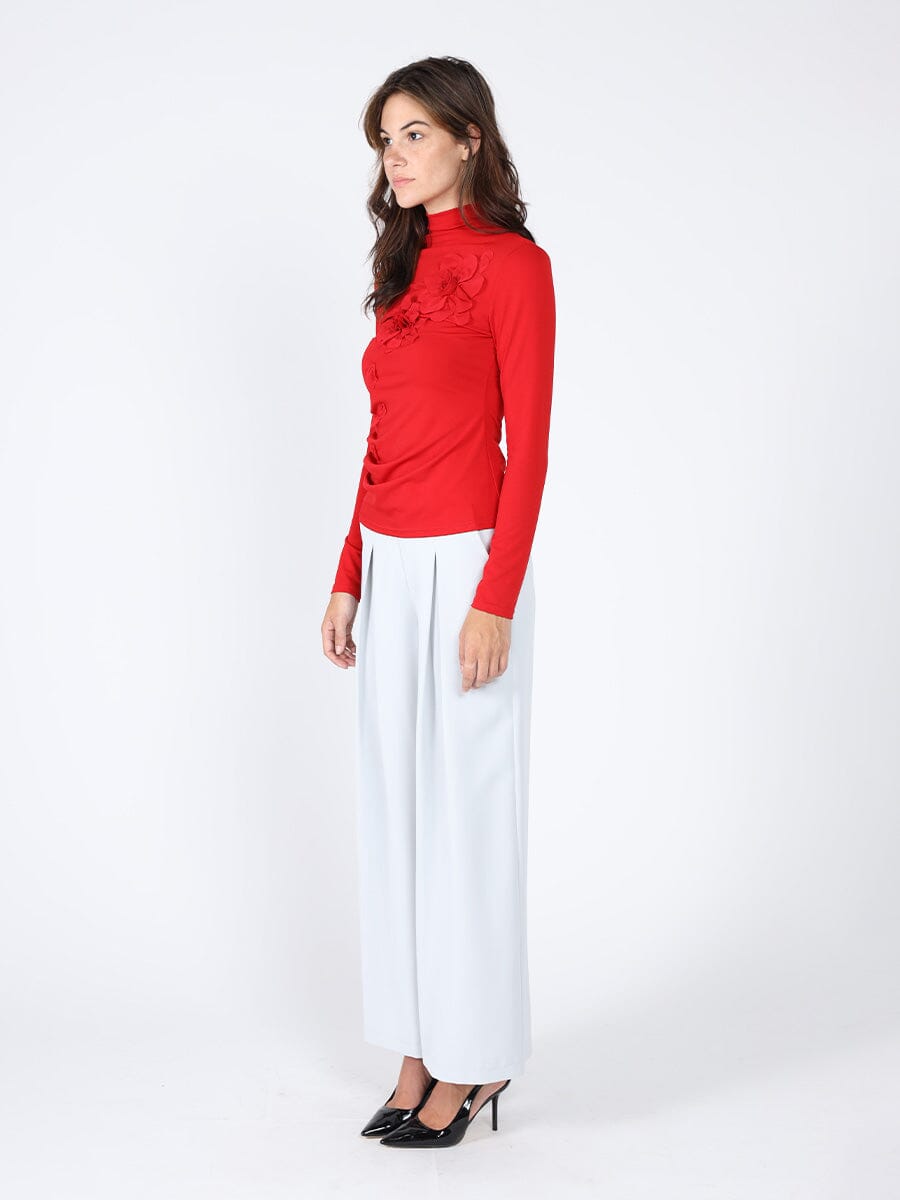 Long Sleeve Mock Neck Flower Applique Top