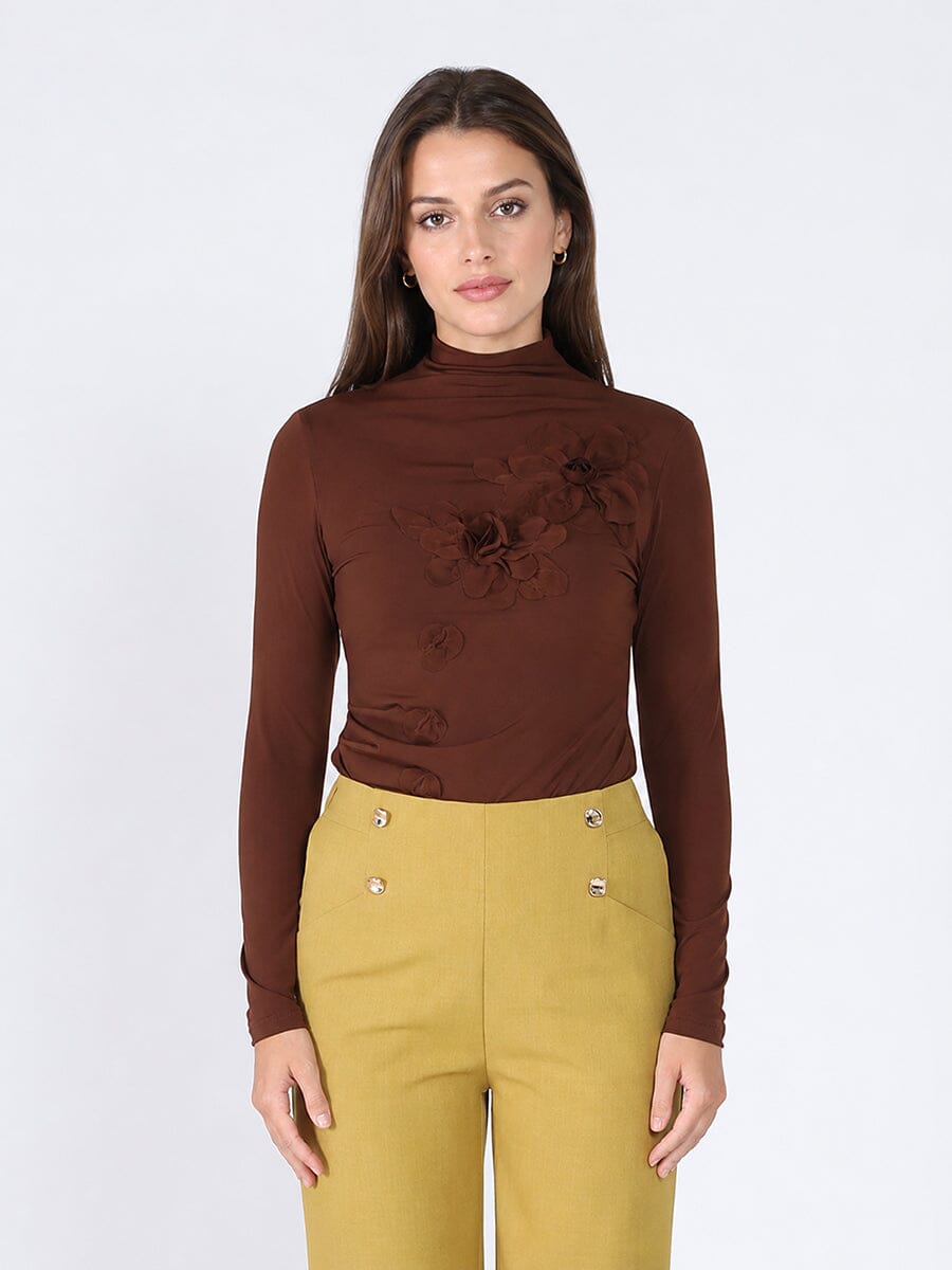 Long Sleeve Mock Neck Flower Applique Top