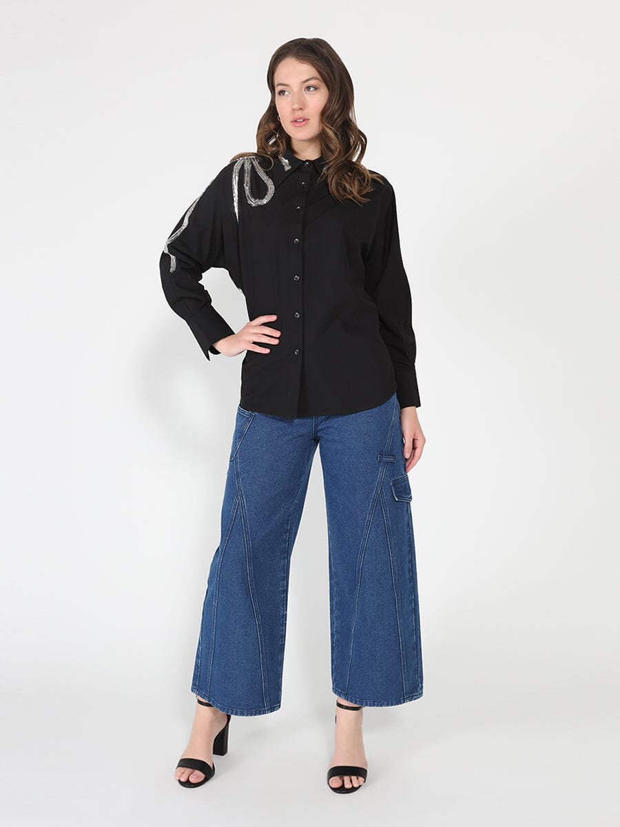 Gracia Fashion Women's Long Sleeve Shirt Button Down Sequin Embellished