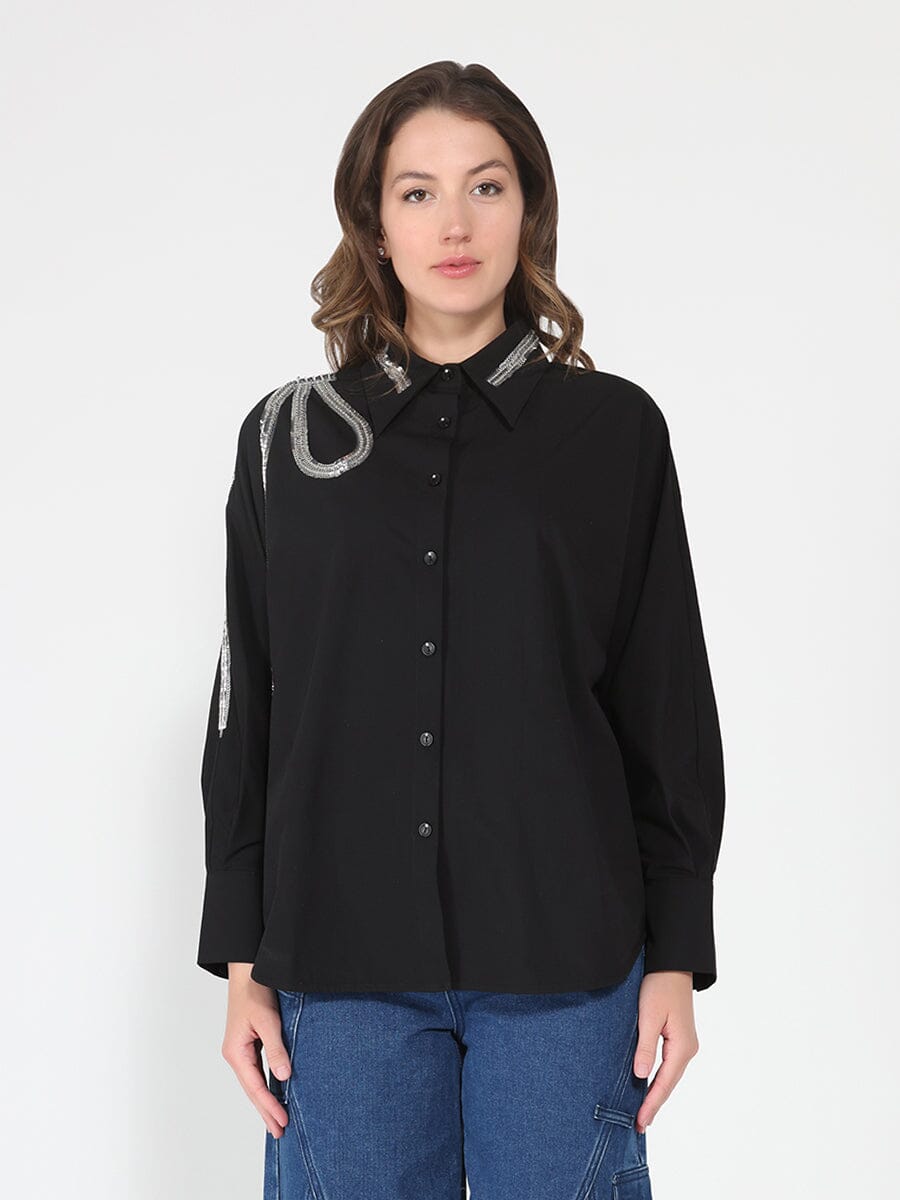 Gracia Fashion Women's Long Sleeve Shirt Button Down Sequin Embellished