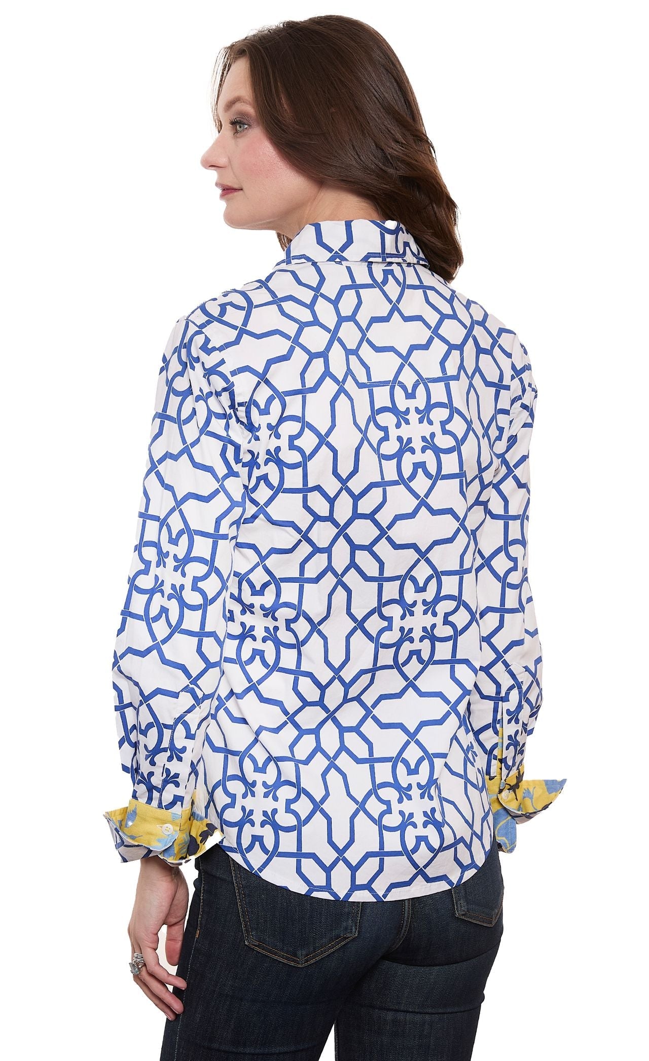 Rome Shirt Navy White Geo Print Cotton Sateen with Stretch