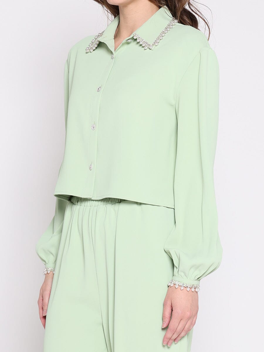 Pearl Beaded Long Sleeve Cropped Top