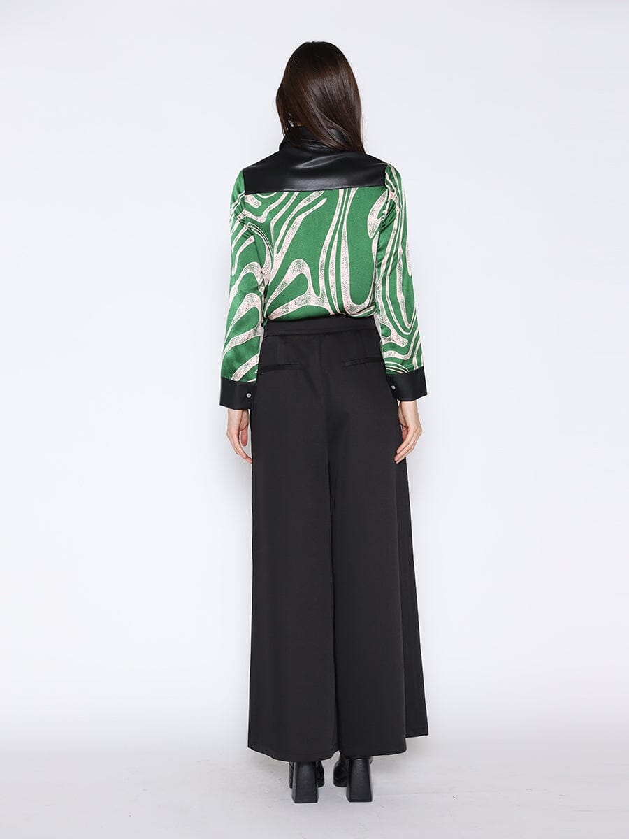 Print & Pleather Spliced Button-Down Shirt Top