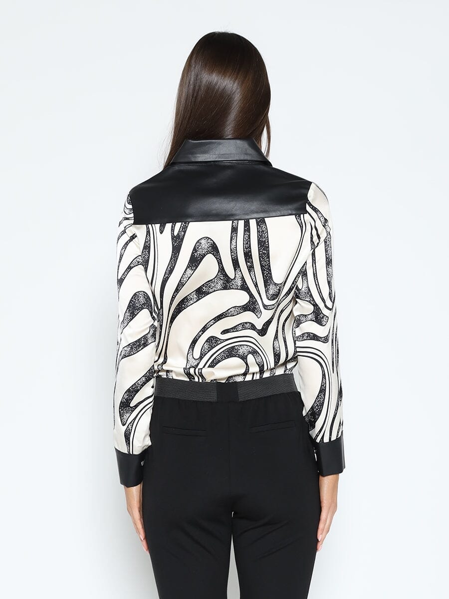 Print & Pleather Spliced Button-Down Shirt Top