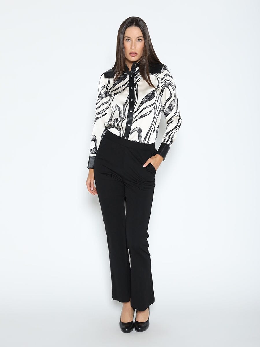 Print & Pleather Spliced Button-Down Shirt Top