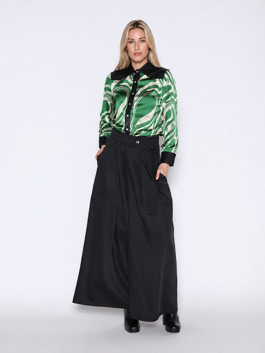 Print & Pleather Spliced Button-Down Shirt Top