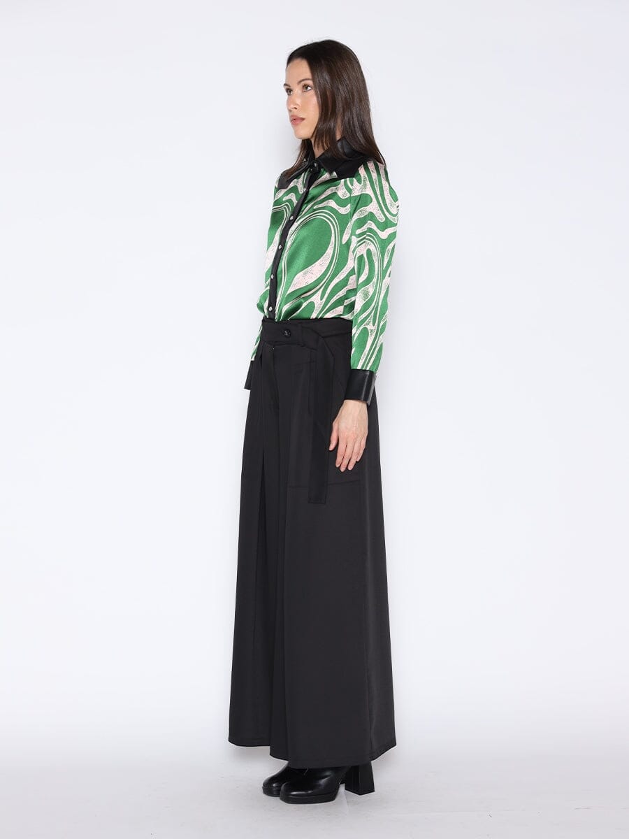 Print & Pleather Spliced Button-Down Shirt Top